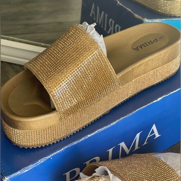 Gold Rhinestones Open Toe Sandals Casual Slides Slippers Beach Platform Shoes - Picture 2 of 5